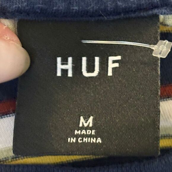 Vintage 90s HUF Worldwide Long Sleeve T Shirt Embroidered Logo Striped Blue Yell - Picture 4 of 7